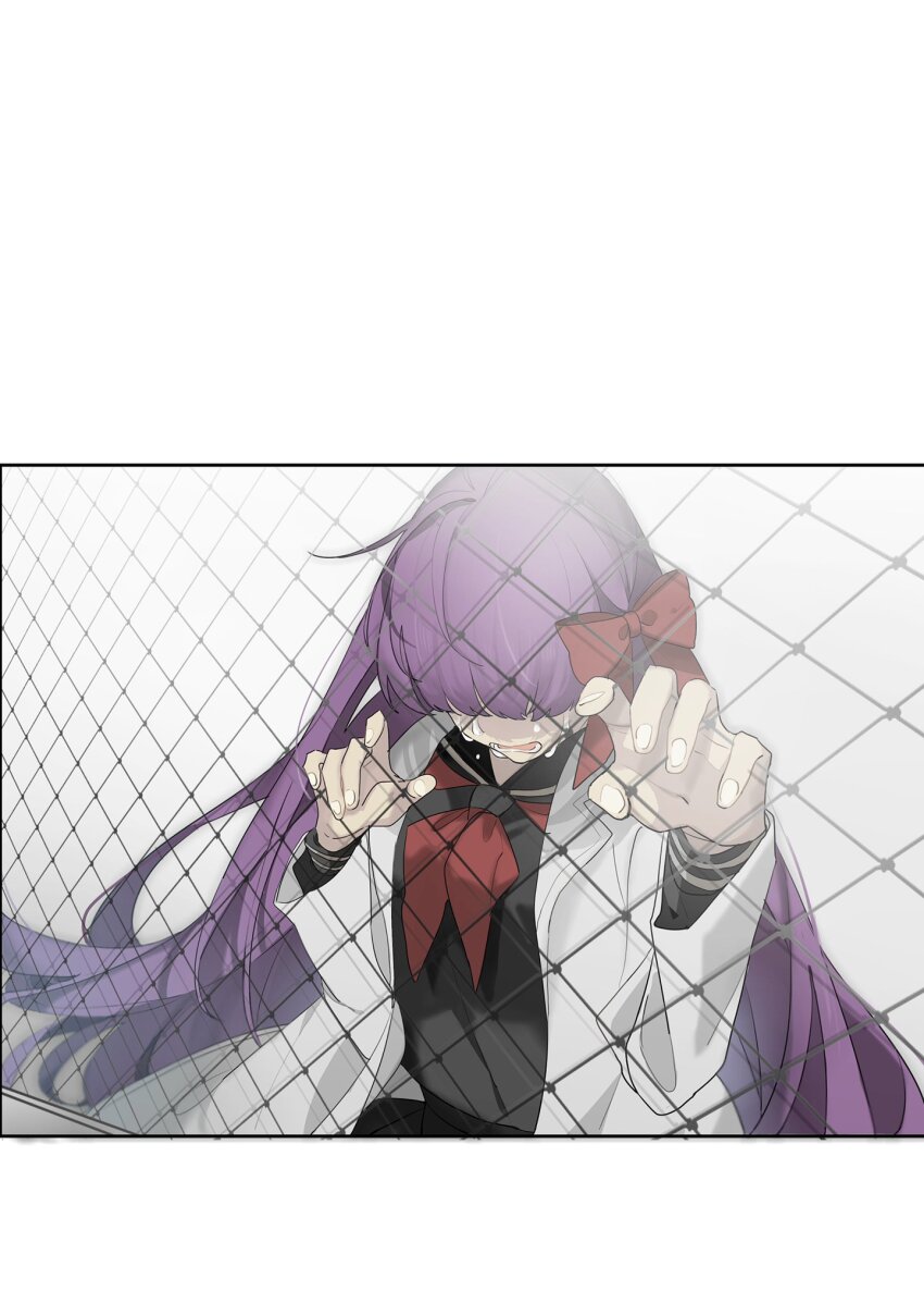 1girl black_serafuku black_skirt bow coat crying fate/extra fate_(series) fence grey_coat hair_bow highres matou_sakura matou_sakura_(fate/extra) purple_hair red_bow school_uniform serafuku skirt solo xxx6583