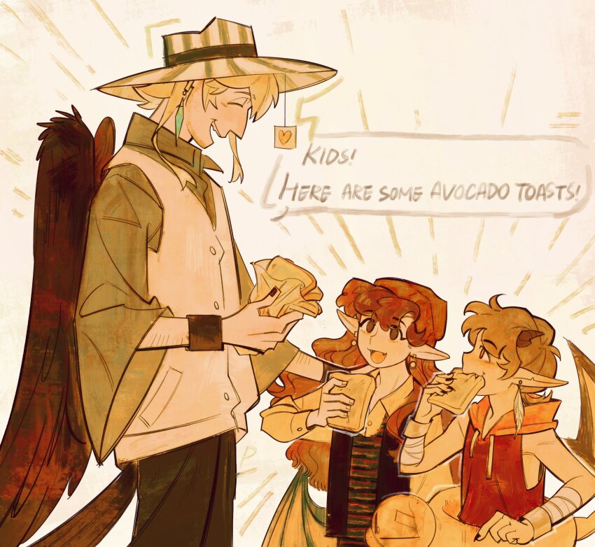1girl 2boys absurdres alternate_costume beanie bird_boy bird_tail bird_wings black_wings blonde_hair bread bread_slice brother_and_sister brown_hair bucket_hat chayanne child commentary dragon_boy dragon_girl dragon_horns dragon_wings duck_innertube english_commentary english_text family father_and_daughter father_and_son food gem green_gemstone green_shirt hat highres holding holding_food hood hood_down hoodie horns long_hair minecraft_youtube multiple_boys peeco_0 personification ph1lza pointy_ears quackity_smp red_hat shirt short_hair siblings simple_background sleeveless sleeveless_hoodie speech_bubble standing striped_clothes striped_headwear tail tallulah_(old_design)_(quackity_smp) tallulah_(quackity_smp) toast vertical-striped_clothes vertical-striped_headwear vest white_background white_vest wings