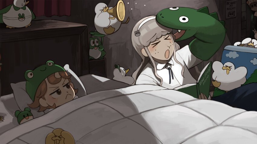 &gt;_&lt; 3girls :&lt; :o bird black_eyes book brown_eyes brown_hair bunny_nun_(diva) chicken commentary diva_(hyxpk) duck duckling english_commentary freckles frog_hat frog_headband froggy_nun_(diva) green_hat grey_hair hair_ornament hairband hand_puppet hat highres instrument little_nuns_(diva) long_hair multiple_girls puppet rabbit_hair_ornament shaded_face sheep_nun_(diva) shirt slice_of_life snake_puppet trumpet under_covers white_hairband white_shirt