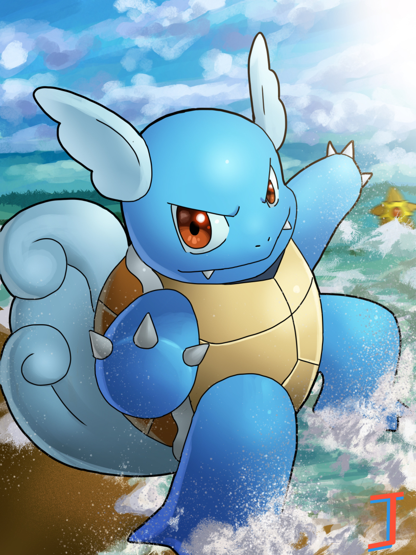 brown_eyes claws closed_mouth creatures_(company) game_freak gen_1_pokemon head_wings highres junkcrab nintendo no_humans pokemon pokemon_(creature) shell smile solo staryu wartortle water wings