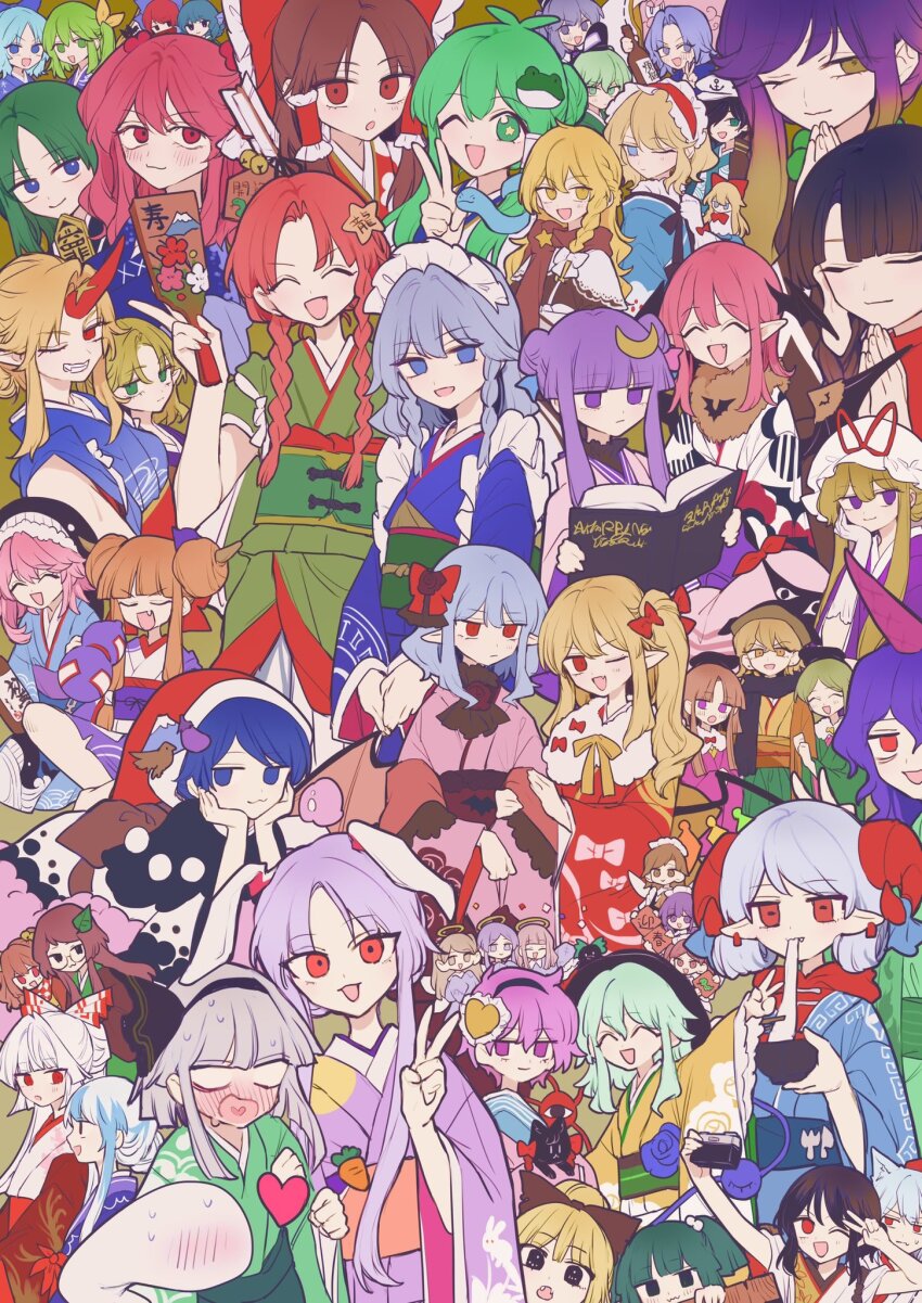 6+girls :3 :d :o ;) ;d ^_^ alice_margatroid alternate_costume animal_ears animal_print antenna_hair aqua_hair arm_up bat_wings bird black_bird black_cat black_eyes black_hair black_hairband black_hat blonde_hair blue_eyes blue_hair blue_kimono blue_sash blunt_ends book bow braid brown_hair brown_kimono brown_scarf bucket camera cat cirno closed_eyes commentary_request crescent crescent_hair_ornament daiyousei doremy_sweet double_bun earrings eating elbow_gloves everyone facing_viewer fairy_maid_(touhou) fairy_wings fang fangs fish_print flandre_scarlet floral_print food frilled_bow frilled_hair_tubes frills frog_hair_ornament fujiwara_no_mokou futatsuiwa_mamizou futatsuiwa_mamizou_(human) gap_(touhou) gloves gourd gradient_hair green_eyes green_hair green_kimono green_sash grin hagoita hair_bobbles hair_bun hair_ornament hair_tubes hairband hakurei_reimu halo hat hat_ribbon head_rest head_wings heart heart_hair_ornament heart_in_mouth highres hijiri_byakuren holding holding_book holding_camera holding_paddle hong_meiling horizontal_pupils horns hoshiguma_yuugi ibuki_suika inubashiri_momiji izayoi_sakuya japanese_clothes jewelry kaenbyou_rin kaenbyou_rin_(cat) kamishirasawa_keine kimono kirisame_marisa kisume koakuma kochiya_sanae komeiji_koishi komeiji_satori konpaku_youmu konpaku_youmu_(ghost) kumoi_ichirin kurodani_yamame leaf_hair_ornament long_earlobes long_hair long_sleeves looking_at_viewer maid_headdress matara_okina medium_hair mizuhashi_parsee mob_cap mochi mononobe_no_futo motoori_kosuzu multicolored_hair multiple_girls murasa_minamitsu nishida_satono obi obijime okunoda_miyoi one_eye_closed one_side_up onozuka_komachi open_mouth orange_kimono orange_sash paddle palms_together patchouli_knowledge pink_hair pointy_ears purple_eyes purple_hair purple_kimono rabbit_ears red_eyes red_hair red_hat red_kimono red_sash reisen_udongein_inaba reiuji_utsuho reiuji_utsuho_(bird) remilia_scarlet ribbon risui_(suzu_rks) rod_of_remorse rose_print sailor_hat sash scarf sekibanki selfie shameimaru_aya shanghai_doll sheep_horns shiki_eiki short_hair short_sleeves side_braid side_braids sidelocks signature single_braid single_hair_bun single_horn smile snake_hair_ornament soga_no_tojiko star-shaped_pupils star_(symbol) star_hair_ornament symbol-shaped_pupils taking_picture tate_eboshi teireida_mai tenkajin_chiyari textless_version third_eye touhou toutetsu_yuuma twin_braids twintails two-tone_hair unzan v very_long_hair wakasagihime whale_print white_bow white_gloves white_hair white_hat wide_sleeves wings wolf_ears yakumo_yukari yatadera_narumi yellow_bow yellow_eyes yellow_kimono zombie_fairy_(touhou)