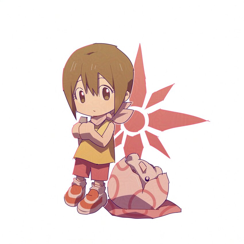 1girl bandana bandana_around_neck brown_eyes brown_hair chibi digimon digimon_adventure digitama egg highres holding holding_whistle pink_bandana pink_shoes shirt shoes simple_background strawvery_1318 whistle white_background yagami_hikari yellow_shirt yukimibotamon