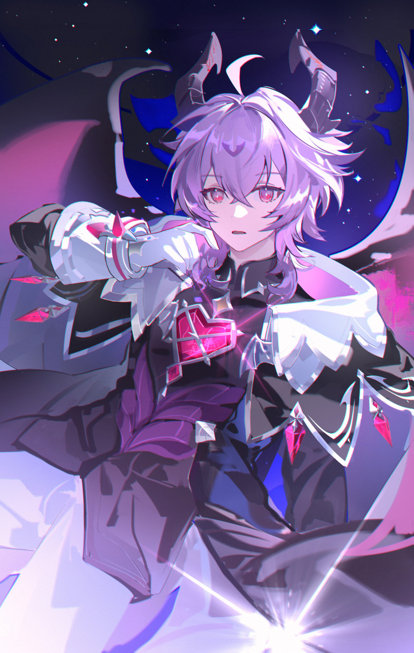 1boy absurdres ahoge black_shirt demon_horns diamond-shaped_pupils diamond_(shape) dragon_boy dragon_horns dragon_wings genshin_impact gloves hair_between_eyes highres horns leleyoukuailele long_sleeves looking_at_viewer male_focus mini_durin_(genshin_impact) mini_durin_(human)_(genshin_impact) pants parted_lips purple_eyes purple_hair shirt solo star_(sky) symbol-shaped_pupils white_gloves white_pants wings