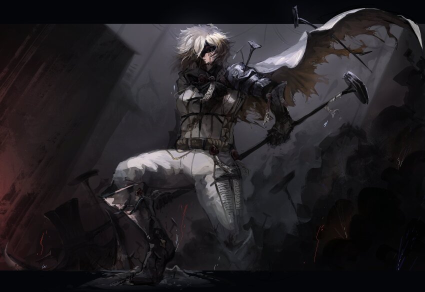 1boy absurdres blonde_hair boots cape formal_clothes full_body gauntlets halberd highres holding holding_polearm holding_weapon limbus_company lycanthix male_focus nail_(hardware) official_alternate_costume pants polearm project_moon short_hair sinclair_(project_moon) solo suit weapon white_pants white_suit