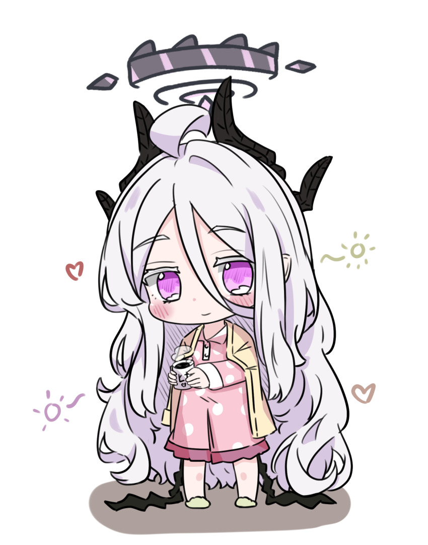 1girl black_horns black_wings blue_archive cardigan chibi cup demon_horns demon_wings e_v_e_neko hair_between_eyes halo highres hina_(blue_archive) hina_(pajamas)_(blue_archive) holding holding_cup horns long_hair mug official_alternate_costume pajamas pointy_ears polka_dot polka_dot_pajamas purple_eyes purple_halo simple_background solo thick_eyelashes very_long_hair wavy_hair white_background white_hair wings yellow_cardigan