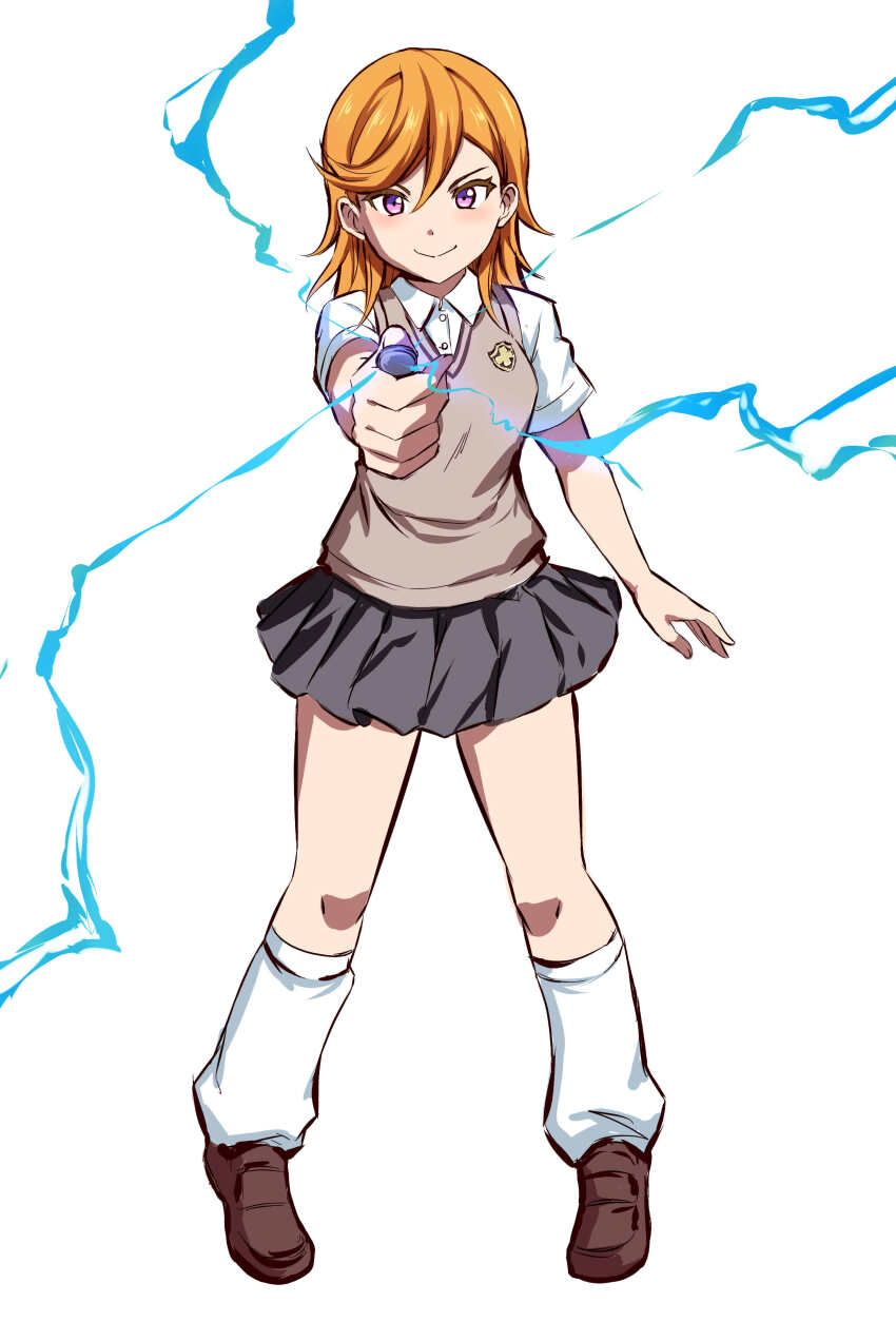 1girl absurdres aiming aiming_at_viewer box_wonderland brown_shoes brown_sweater_vest closed_mouth coin collared_shirt commentary cosplay electricity electrokinesis grey_skirt highres holding holding_coin loafers long_hair looking_at_viewer loose_socks love_live! love_live!_superstar!! miniskirt misaka_mikoto misaka_mikoto_(cosplay) orange_hair pleated_skirt psychic purple_eyes railgun_(misaka_mikoto) school_emblem school_uniform shibuya_kanon shirt shoes short_sleeves skirt smile socks solo summer_uniform sweater_vest toaru_majutsu_no_index tokiwadai_school_uniform white_background white_shirt white_socks