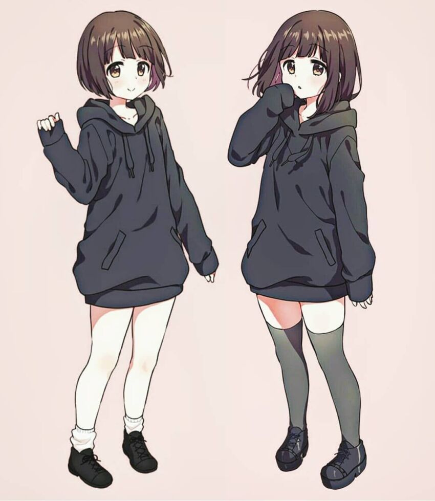 2girls blush brown_eyes brown_hair collarbone female_focus full_body happy highres menhera_shoujo_kurumi-chan multiple_girls nanase_konomi nanase_kurumi_(menhera-chan) pink_background short_hair sweater