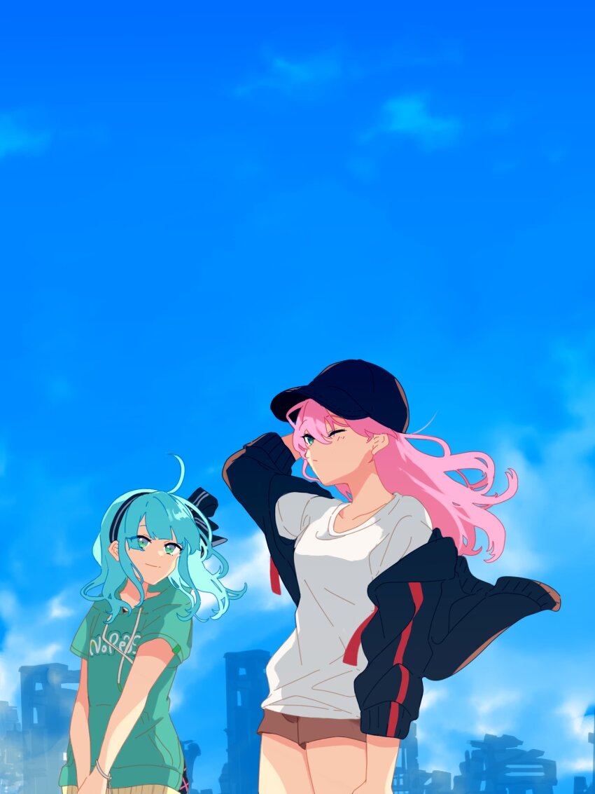 2girls aikawa_megumi arm_at_side baseball_cap black_bow black_hairband black_headwear black_jacket blue_hair blue_sky bow bracelet breasts brown_shorts clear_sky cloud collarbone cowboy_shot day drawstring floating_hair green_eyes green_hoodie hair_between_eyes hair_bow hairband hand_in_own_hair hat heaven_burns_red highres hood hood_down hoodie jacket jewelry legs_together long_bangs long_hair looking_ahead looking_at_another medium_breasts multiple_girls off_shoulder one_eye_closed open_clothes open_jacket outdoors own_hands_together pink_hair print_hoodie rumi_(heaven_burns_red) shirt short_shorts shorts sidelocks sky striped_clothes striped_jacket thighs watanuki_(enu) white_shirt