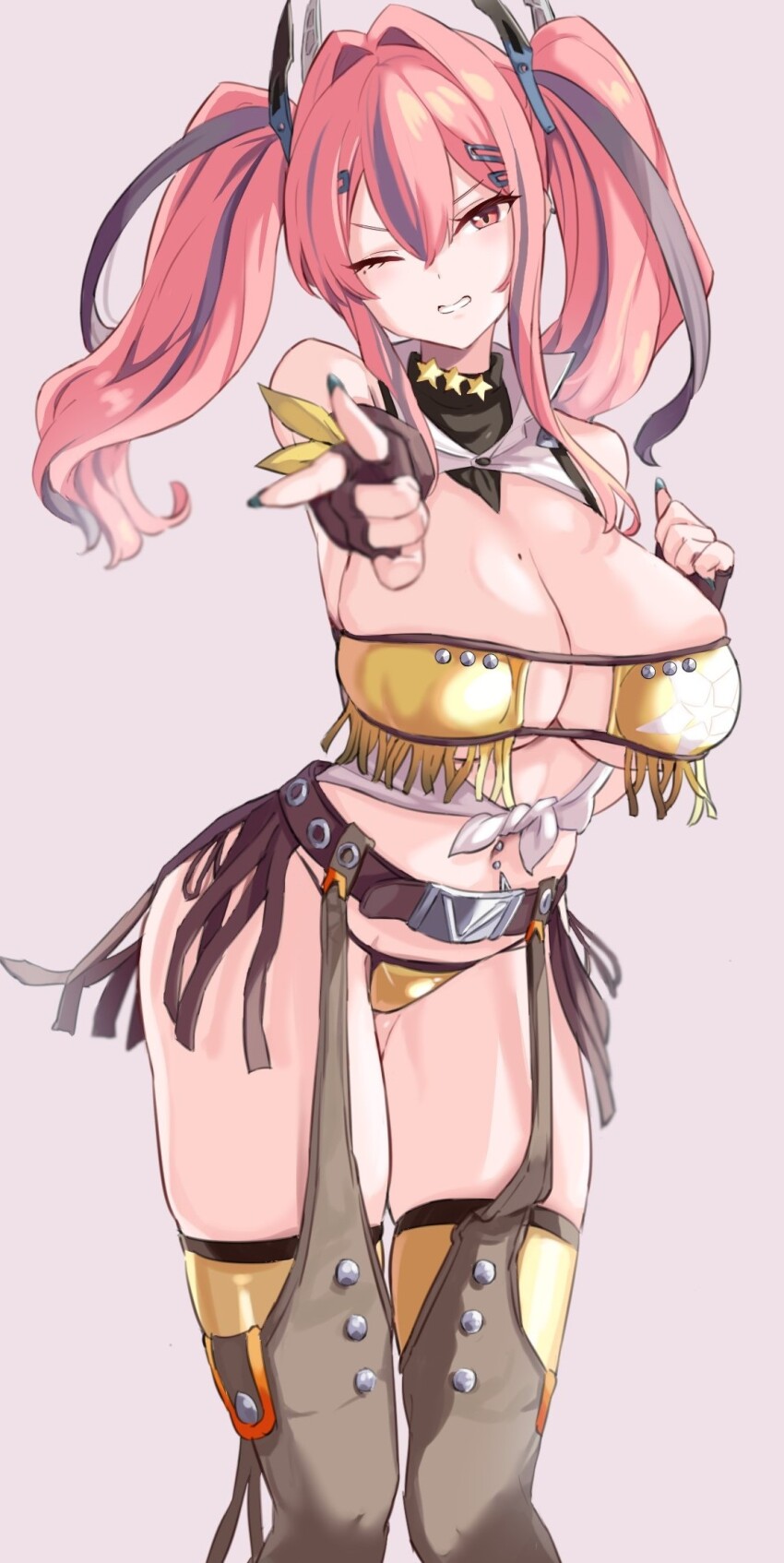 1girl 8_(mmm_st_bbb) azur_lane bang_(gesture) bare_shoulders belt bikini black_nails black_scarf blush breasts bremerton_(azur_lane) brown_belt brown_gloves cleavage collarbone commentary cowboy_shot cowboy_western crop_top ear_piercing eyepatch_bikini finger_gun fingerless_gloves fingernails garter_belt gloves gold_bikini grey_hair grin hair_between_eyes hair_intakes hair_ornament hairclip head_tilt highres large_breasts long_fingernails long_hair looking_at_viewer mole mole_on_breast mole_under_eye multicolored_hair navel navel_piercing official_alternate_costume one_eye_closed piercing pink_eyes pink_hair pointing pointing_at_viewer scarf shirt sidelocks simple_background skindentation sleeveless sleeveless_shirt smile solo standing stomach streaked_hair swimsuit teeth thighhighs tied_shirt twintails two-tone_hair white_background white_shirt yellow_thighhighs