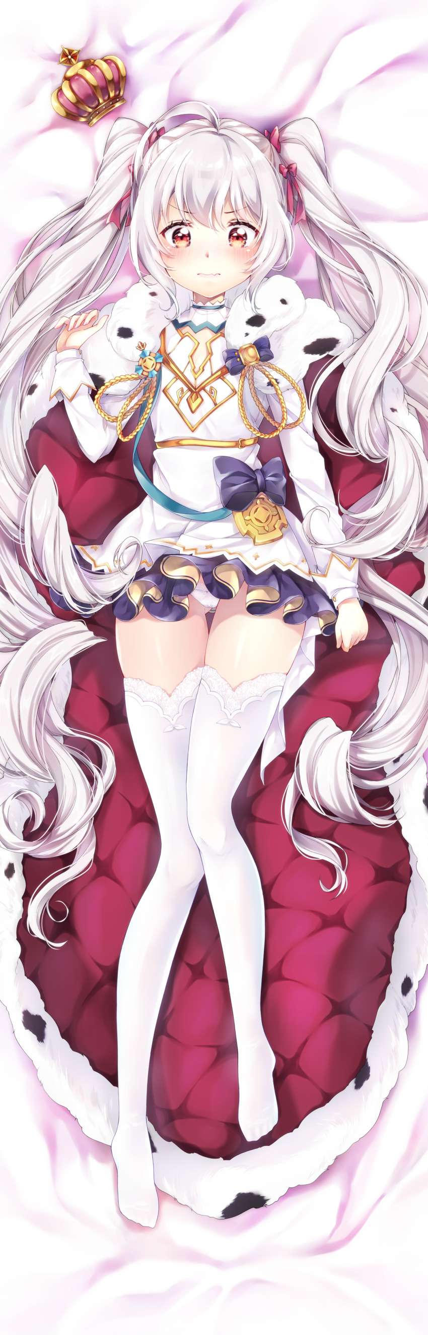 1girl absurdres azur_lane bed blush breasts cape closed_mouth commentary_request crown full_body grey_hair hair_ornament hayaman396 highres long_hair lying panties red_eyes small_breasts solo thighhighs twintails underwear uniform valiant_(azur_lane)