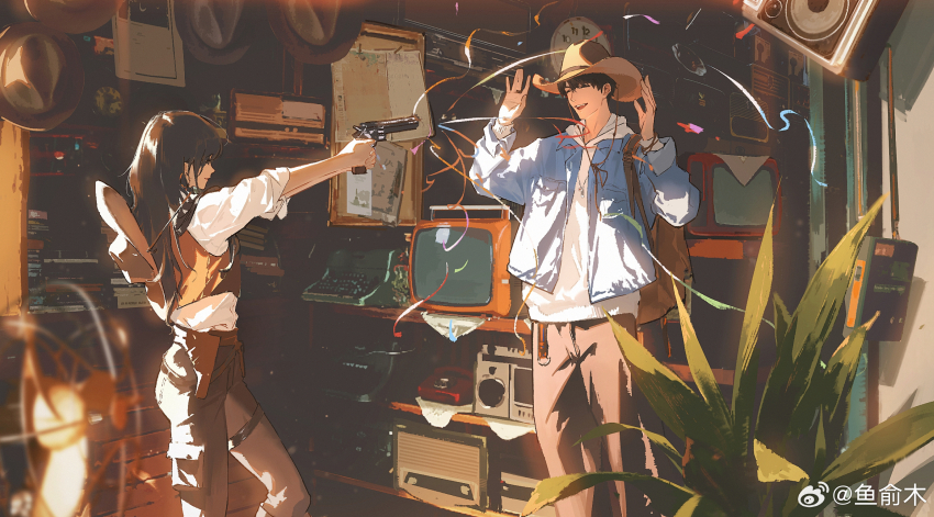 1boy 1girl black_pants blue_jacket blurry blurry_foreground brown_hair brown_vest caleb_(love_and_deepspace) closed_eyes cowboy_hat crt electric_fan gun hair_between_eyes hands_up hat highres holding holding_gun holding_toy_gun holding_weapon hood hoodie indoors jacket long_hair love_and_deepspace open_mouth pants plant potted_plant protagonist_(love_and_deepspace) shirt short_hair sleeves_rolled_up smile stereo toy_gun upper_body vest watermark weapon weibo_username weibo_watermark white_hoodie white_shirt yuyumu