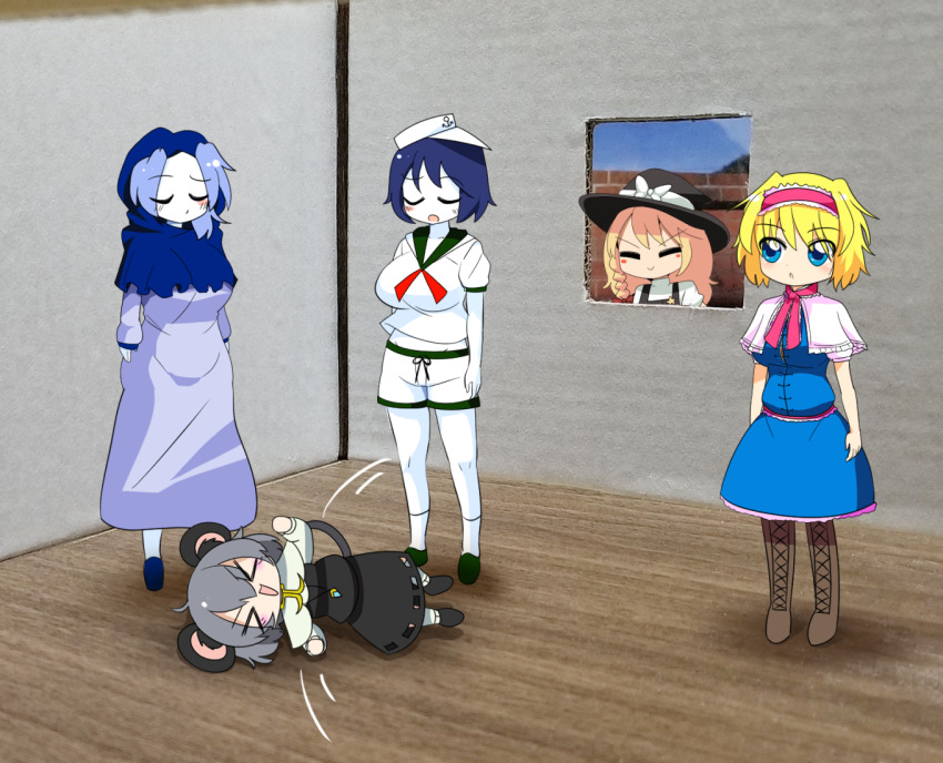 &gt;_&lt; 5girls :d alice_margatroid animal_ears black_hat black_skirt black_vest blonde_hair blue_dress blue_eyes blue_hair blue_hood blush boots bow braid breasts brown_footwear capelet closed_eyes closed_mouth colored_skin commentary_request cookie_(touhou) cross-laced_footwear diorama dress flour_(cookie) frilled_hairband frills full_body green_footwear grey_hair hairband hat hat_bow ichigo_(cookie) kirisame_marisa kumoi_ichirin large_breasts lets0020 long_sleeves milk_(cookie) mouse_ears mouse_girl mouse_tail multiple_girls murasa_minamitsu nazrin nyon_(cookie) on_floor open_mouth photo_background pink_capelet pink_hairband shirt short_hair short_sleeves shorts side_braid sideways_hat single_braid skirt skirt_set slippers smile socks standing suzu_(cookie) tail touhou v-shaped_eyebrows vest white_bow white_capelet white_hat white_shirt white_shorts white_skin white_socks witch_hat wooden_floor xd