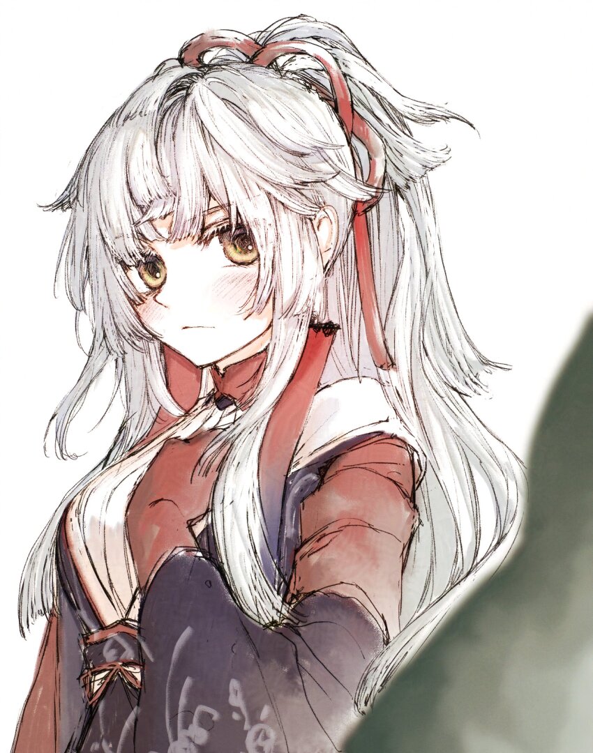 1girl absurdres fate/grand_order fate/samurai_remnant fate_(series) grey_hair highres japanese_clothes long_hair mul1062363 ponytail red_ribbon ribbon simple_background solo white_background yellow_eyes yui_shousetsu_(fate) yui_shousetsu_(third_ascension)_(fate)