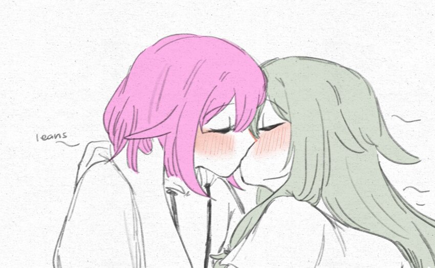 2girls blush closed_eyes commentary english_commentary green_hair highres hood hoodie kcmvnd kiss kusanagi_nene long_hair multiple_girls ootori_emu pink_hair project_sekai short_hair white_background yuri
