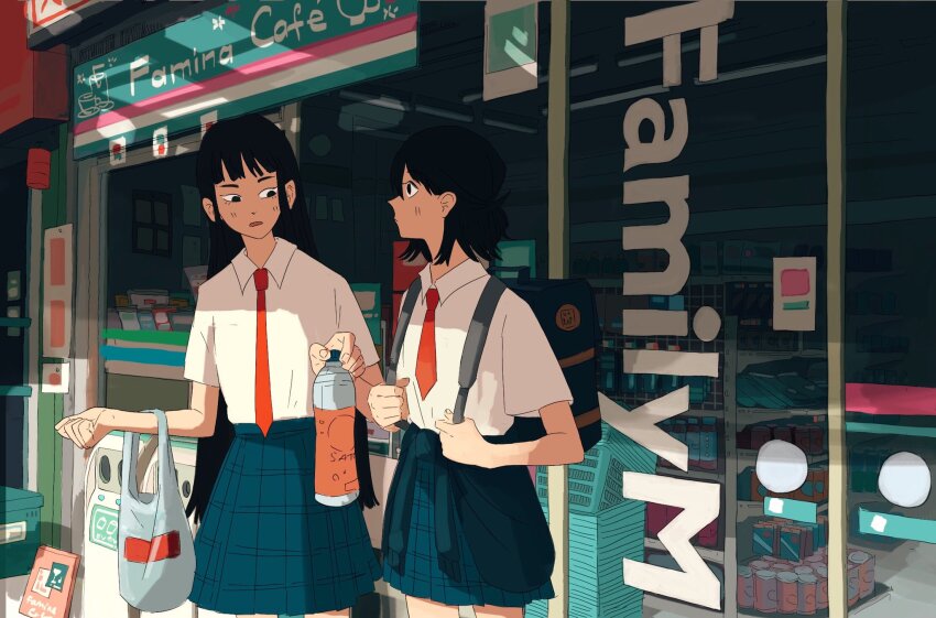 2girls backpack bag black_eyes black_hair blue_skirt bottle can closed_mouth commentary convenience_store english_text highres holding holding_bag holding_bottle lan_(ngtblan) long_hair looking_at_another multiple_girls necktie open_mouth original plastic_bag red_necktie shirt shop short_hair short_sleeves skirt very_long_hair white_shirt wing_collar