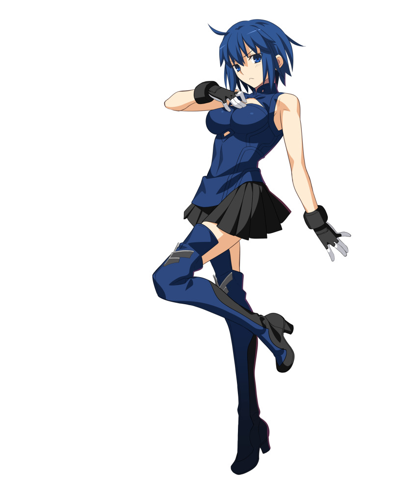 1girl 3d anime_coloring arm_at_side bare_arms bare_shoulders black_skirt blue_boots blue_collar blue_dress blue_eyes blue_hair blue_pupils boots breasts ciel_(tsukihime) cleavage_cutout closed_mouth clothing_cutout collar collared_dress dress frown full_body game_cg glove_cuffs gloves hair_between_eyes hand_on_own_chest high_heel_boots high_heels highres large_breasts looking_at_viewer melty_blood melty_blood:_type_lumina miniskirt multicolored_boots non-web_source official_art pleated_skirt powered_ciel short_hair sidelighting simple_background skirt sleeveless sleeveless_dress solo tachi-e takeuchi_takashi thigh_boots transparent_background tsukihime tsukihime_(remake) two-tone_boots two-tone_gloves type-moon white_gloves
