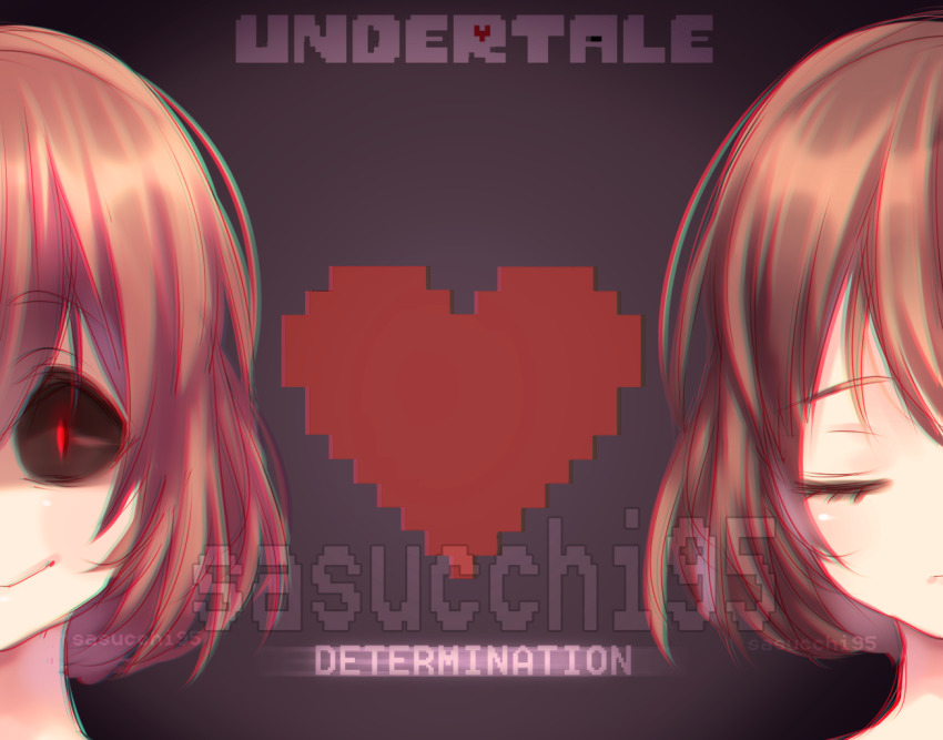 2others artist_name black_background black_sclera brown_hair chara_(undertale) chromatic_aberration close-up closed_eyes closed_mouth colored_sclera commentary copyright_name english_commentary frisk_(undertale) glowing glowing_eye heart looking_at_viewer multiple_others other_focus pixel_heart red_eyes sasucchi95 short_hair smile straight-on u_u undertale vignetting watermark