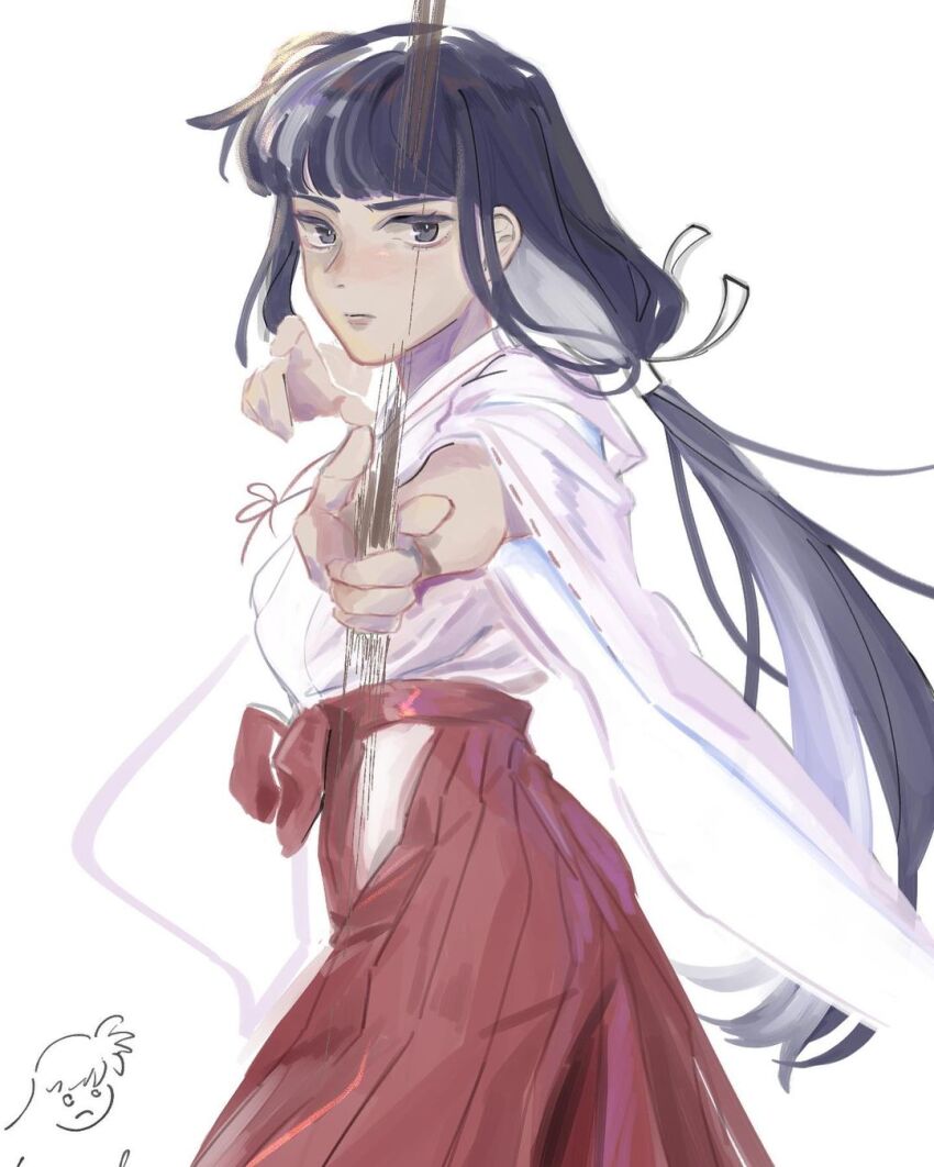 1girl bad_source black_hair blunt_bangs bow_(weapon) cowboy_shot hakama hakama_pants highres holding holding_bow_(weapon) holding_weapon inuyasha japanese_clothes kikyou_(inuyasha) kimono looking_at_viewer low_ponytail pants ponytail profile realemonade red_hakama simple_background solo weapon white_background white_kimono