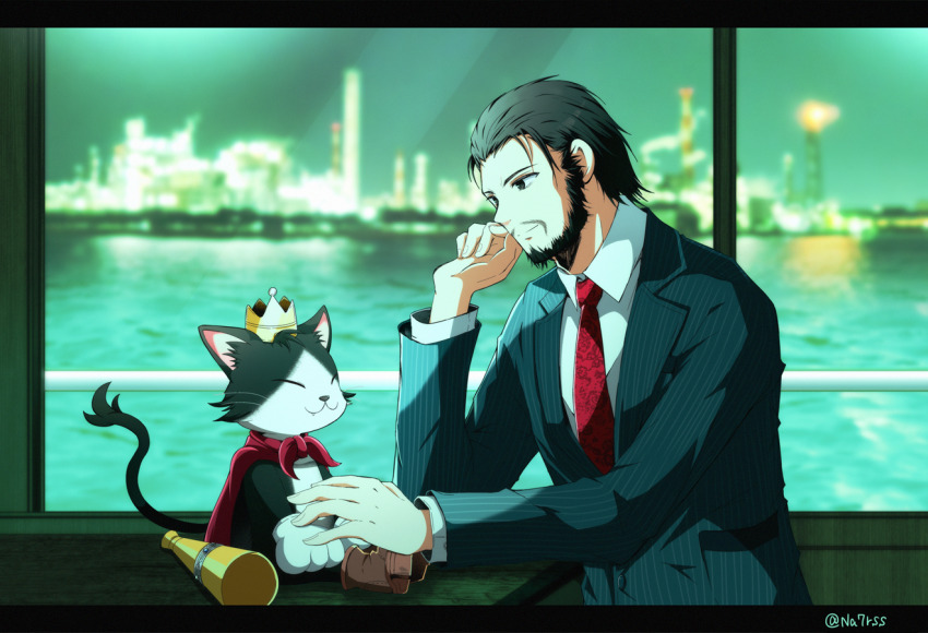 beard black_border black_fur black_hair black_suit blurry blurry_background border cait_sith_(final_fantasy) cape collared_shirt crown dual_persona facial_hair final_fantasy final_fantasy_vii formal_clothes gloves goatee letterboxed looking_at_another megaphone mini_crown nanao_(zonzonsh) necktie patterned_clothing pinstripe_jacket pinstripe_pattern pinstripe_suit red_cape red_necktie reeve_tuesti shirt short_hair smile suit tuxedo_cat twitter_username two-tone_fur white_fur white_gloves white_shirt