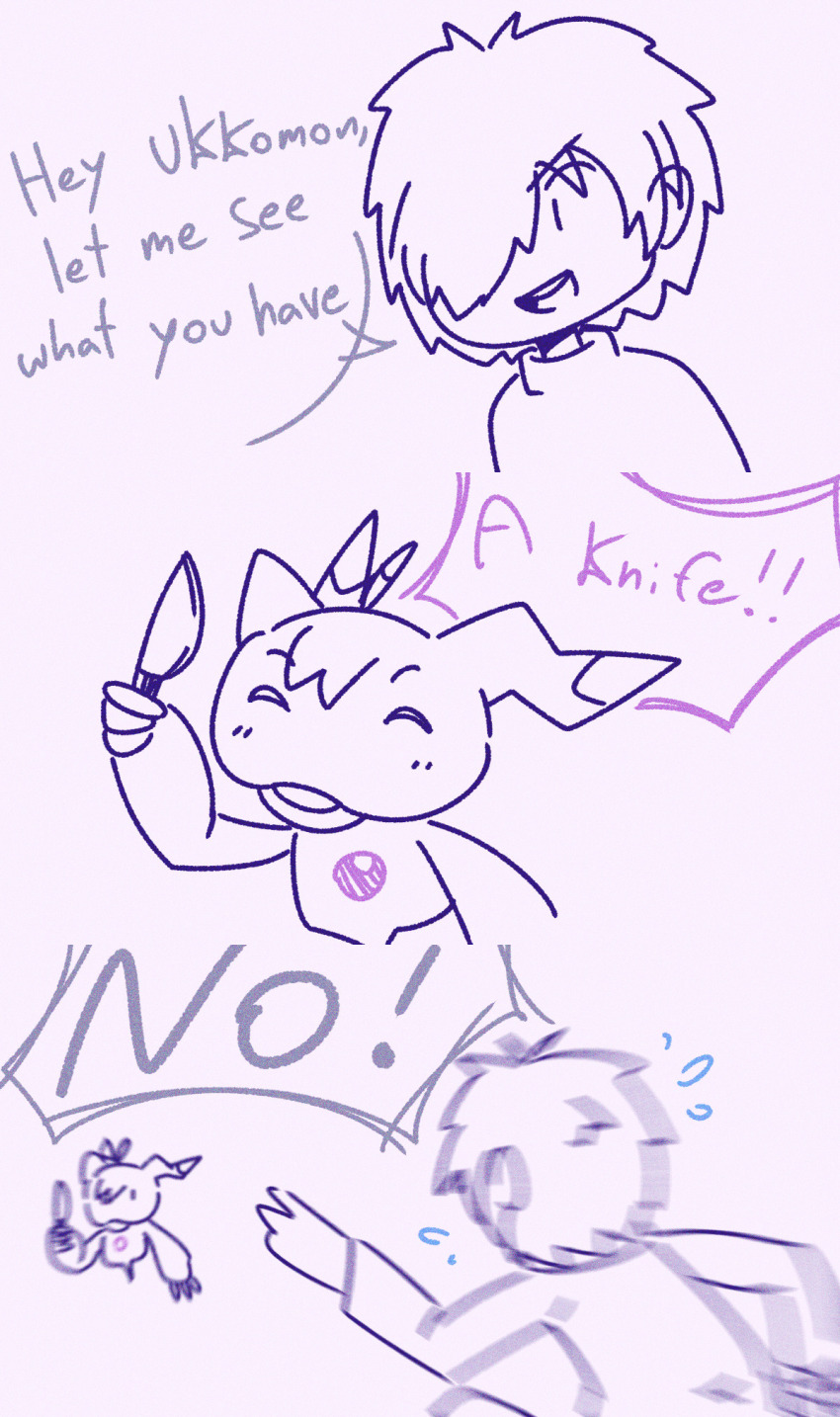 digimon digimon_(creature) floating highres knife looking_at_another meme owada_rui short_hair ukkomon