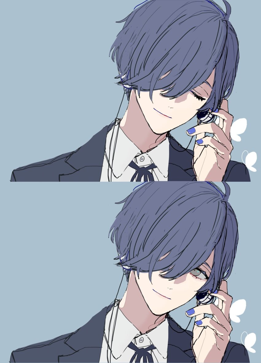 1boy ahoge black_jacket black_ribbon blue_hair blue_nails bug butterfly closed_eyes closed_mouth collared_shirt earphones gekkoukan_high_school_uniform grey_eyes hair_over_one_eye head_tilt highres holding holding_earphones insect jacket looking_at_viewer male_focus meimei_hituzi neck_ribbon persona persona_3 portrait ribbon school_uniform sequential shirt short_hair smile solo upper_body white_shirt yuuki_makoto_(persona_3)