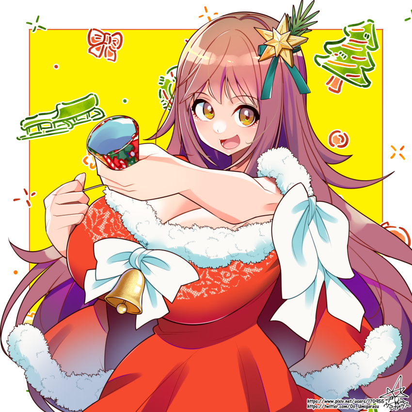 1girl :d bell blush border bow breasts brown_hair capelet chest_bow christmas_ornaments christmas_tree cleavage dress fur-trimmed_capelet fur-trimmed_dress fur_trim hair_between_eyes highres huge_breasts long_hair looking_at_viewer open_mouth original party_popper pixiv_id pixiv_username red_bow red_capelet red_dress santa_costume santa_dress signature sleigh smile solo teeth tongue twitter_username two-tone_background umigarasu_(kitsune1963) very_long_hair white_border white_bow yellow_background yellow_eyes