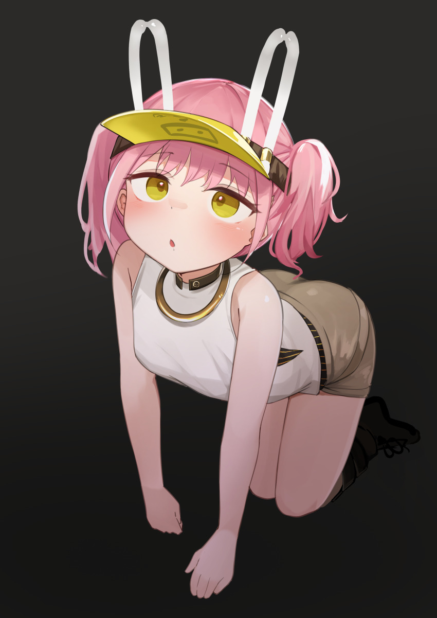 1girl absurdres all_fours animal_ears bare_shoulders boots brown_pants daebom fake_animal_ears full_body girls&#039;_frontline girls&#039;_frontline_neural_cloud highres looking_at_viewer open_mouth pants pink_hair rabbit_ears shirt short_hair short_shorts shorts simple_background sleeveless sleeveless_shirt solo taisch_(neural_cloud) twintails visor_cap white_shirt yellow_eyes