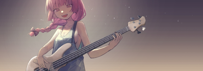 1girl :d @_@ absurdres bachi backlighting bare_arms bare_shoulders bass_guitar bocchi_the_rock! braid breasts brown_background cleavage collarbone commentary bass_guitar floating_hair grey_tank_top guitar guitar_strap highres hiroi_kikuri holding holding_bass_guitar holding_instrument instrument light_particles long_hair medium_breasts music no_bra open_mouth playing_bass_guitar playing_instrument plectrum purple_hair sharp_teeth simple_background single_braid smile solo sunjinghan0801_(mokacoat) symbol-only_commentary tank_top teeth upper_body upper_teeth_only yamaha_trb