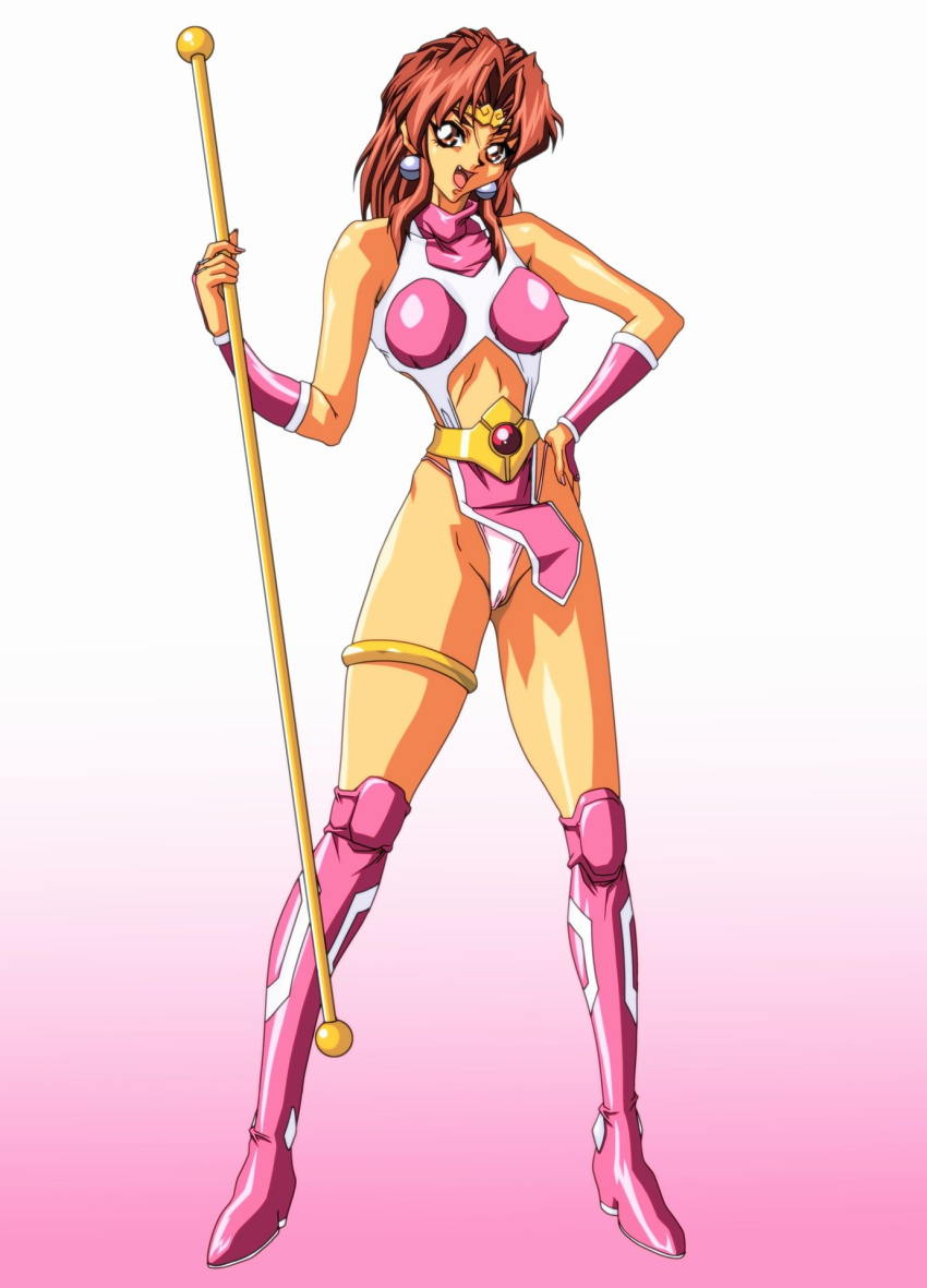 1990s_(style) choujin_gakuen_gowcaizer high_boots highres mitake_2000 navel retro_artstyle son_karin staff stick technos