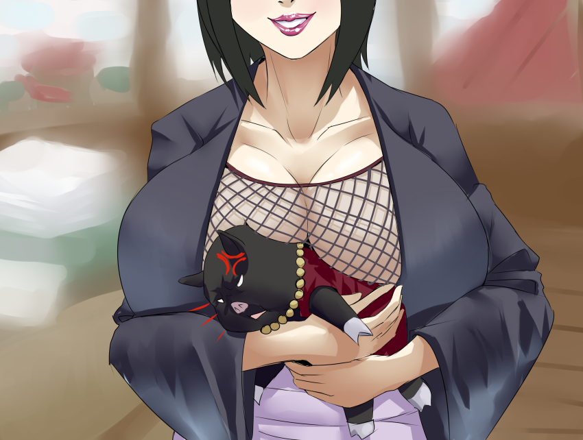 1girl black_hair bottle breasts cleavage curvy highres huge_breasts large_breasts naruto:_road_to_ninja naruto_(classic) naruto_(series) naruto_shippuuden nishimiya_shirone pig shizune_(naruto) smile tonton_(naruto)