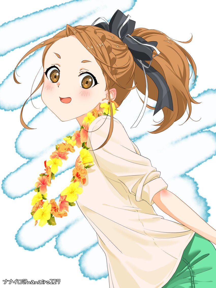 1girl 22/7 :d artist_name black_ribbon blush braid brown_eyes brown_hair cowboy_shot flower flower_necklace from_side green_shorts hair_ribbon high_ponytail highres jewelry kono_miyako leaning_forward lei looking_at_viewer nanairo_(nanairo227) necklace open_mouth ponytail ribbon shirt shorts single_braid sleeves_rolled_up smile solo white_shirt