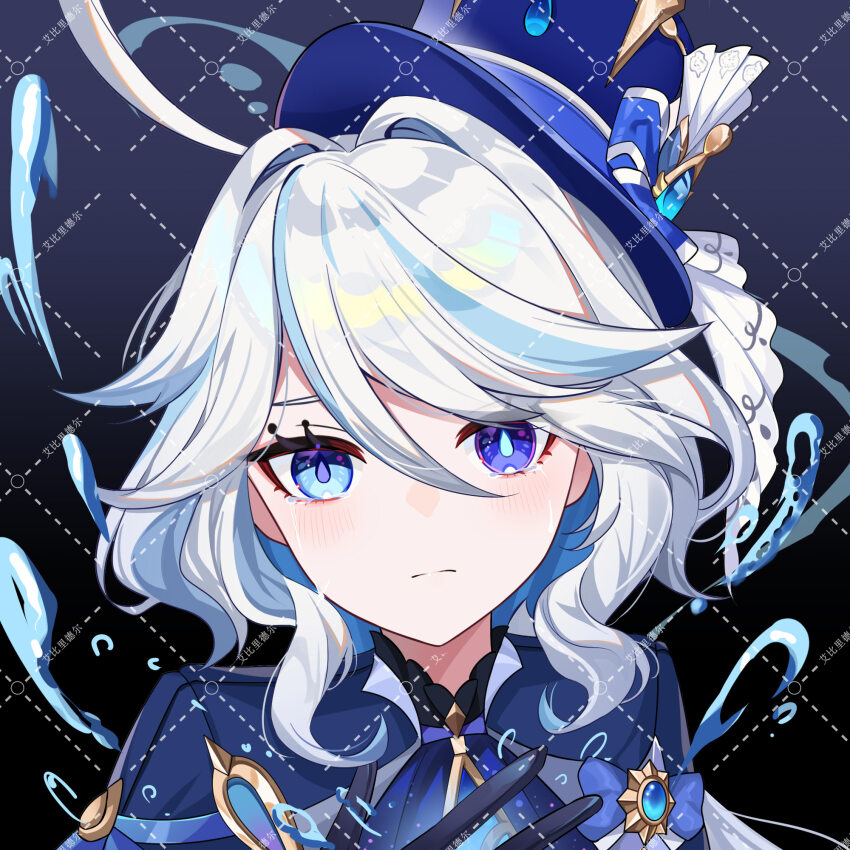 1girl abby_riddle ahoge ascot black_gloves blue_ascot blue_brooch blue_eyes blue_gemstone blue_hair blue_hat blue_jacket drop-shaped_pupils furina_(genshin_impact) gem genshin_impact gloves hair_between_eyes hat highres jacket light_blue_hair looking_at_viewer mismatched_pupils multicolored_hair ouji_fashion portrait solo streaked_hair symbol-shaped_pupils tears top_hat