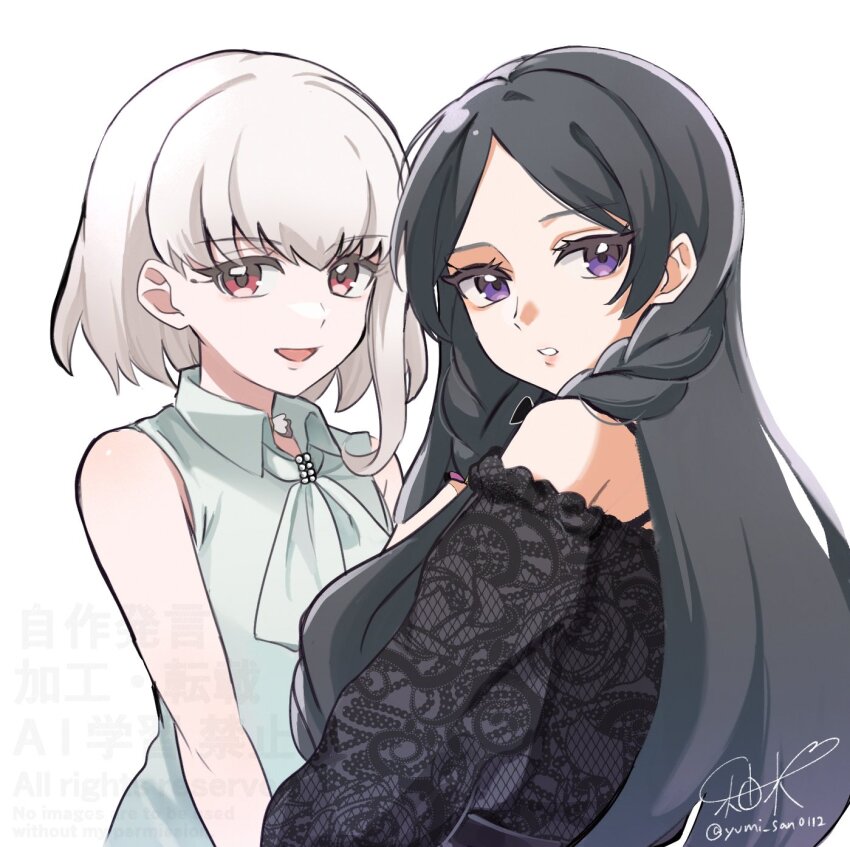 2girls bare_arms bare_back bare_shoulders black_hair black_shirt blonde_hair blunt_bangs bob_cut braid choker green_shirt highres kimi_to_idol_precure lace lace-trimmed_sleeves lace_trim long_hair long_sleeves looking_at_viewer looking_back low_twin_braids medium_hair meroron_(human_form) multiple_girls off_shoulder open_mouth parted_bangs precure purirun_(human_form) purple_eyes red_eyes ribbon_choker shirt signature sleeveless tank_top tied_shirt turning_head twin_braids twitter_username upper_body very_long_hair watermark yumi_san0112