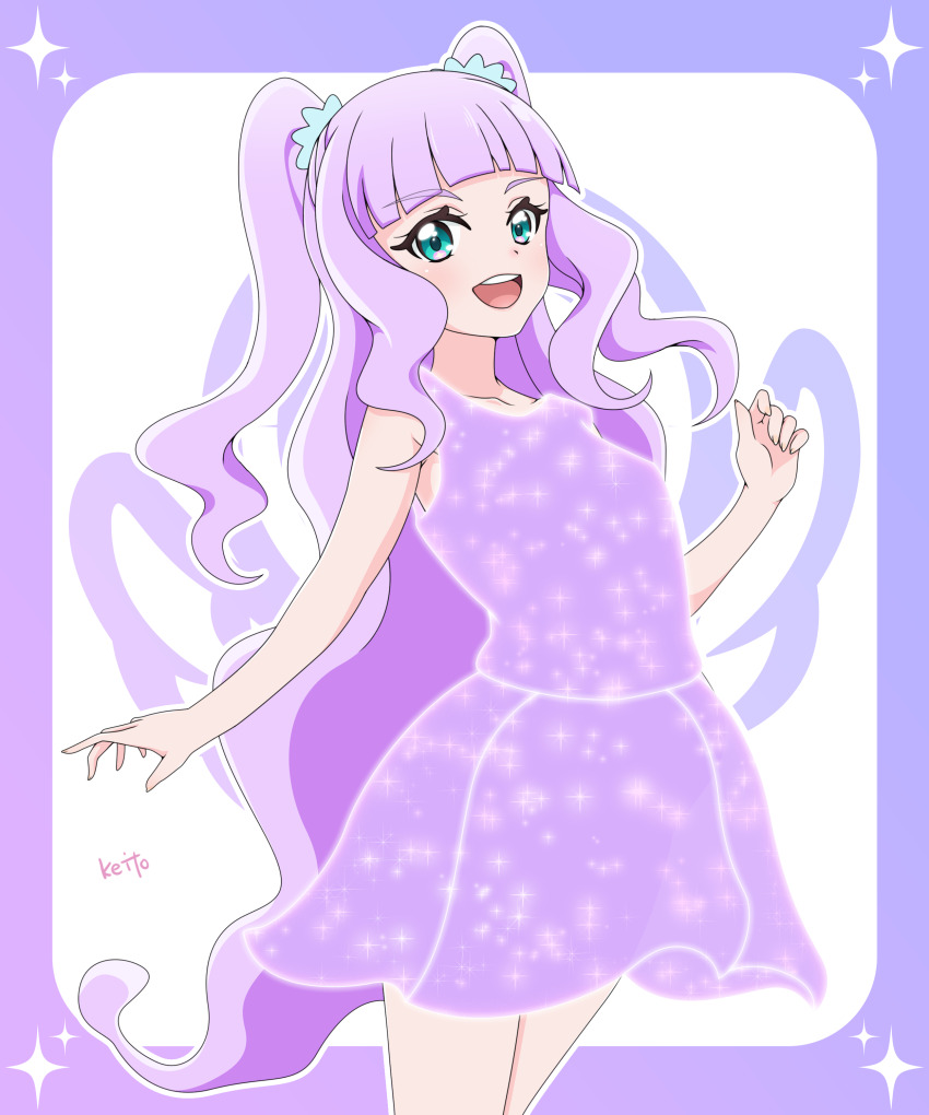 1girl :d absurdres anime_coloring aqua_eyes arched_bangs armpit_peek artist_name bare_arms bare_legs blush border breasts collarbone commentary cowboy_shot dress ellee-chan fingernails four-pointed_star glowing glowing_dress gradient_border hair_ornament hair_tie hand_up henshin highres hirogaru_sky!_precure legs_together light_blush long_hair looking_at_viewer open_mouth outline precure purple_border purple_dress sakuragawa3710 short_dress sleeveless sleeveless_dress small_breasts smile solo sparkle sparkling_clothes standing sundress teeth two_side_up upper_teeth_only very_long_hair wavy_hair white_background white_outline