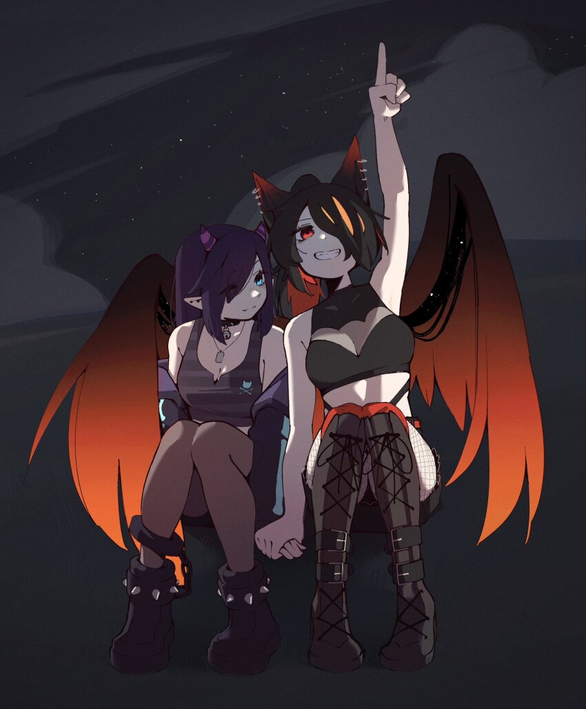 2girls animal_ears black_hair blue_eyes chann_pika choker demon_girl demon_horns ear_piercing fishnet_leggings grin hair_over_one_eye highres holding_hands horns indie_virtual_youtuber machuuu68 multiple_girls night night_sky off_shoulder piercing pointing purple_hair raven_lenore red_eyes sky sleeveless smile star_(sky) teeth wing_hug wings yuri