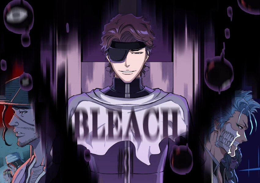 abarai_renji aizen_sousuke black_hair bleach bleach:_sennen_kessen-hen blue_hair bound brown_hair chair eyepatch green_hair grimmjow_jaegerjaquez hat highres hollow_mask kuchiki_byakuya kyouraku_shunsui nelliel_tu_odelschwanck red_hair shaolong short_hair