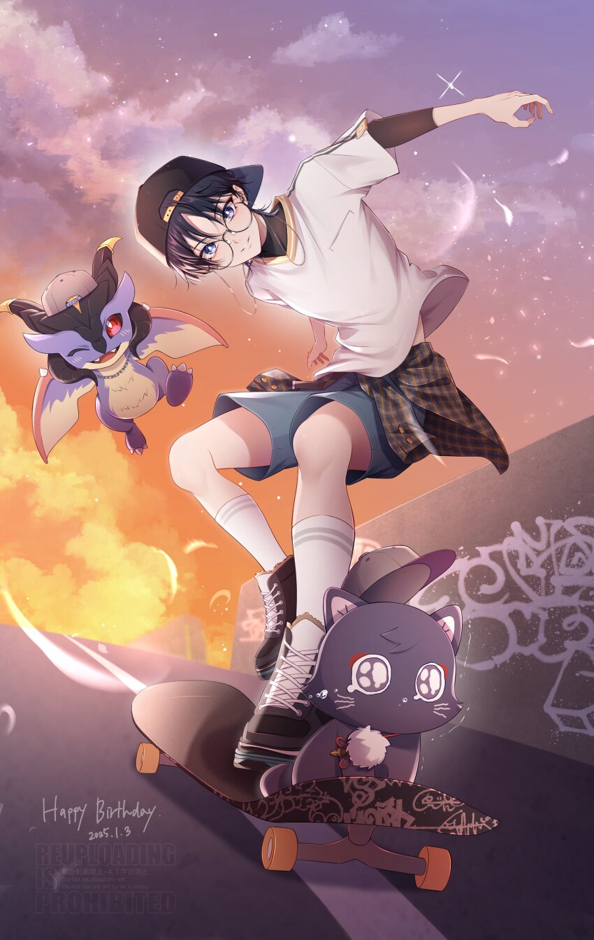 1boy 5656hayururi absurdres alternate_costume animalization backwards_hat bespectacled black_footwear black_hair black_hat black_shirt black_sleeves black_undershirt blue_shorts bright_pupils brown_jacket casual checkered_clothes checkered_jacket closed_mouth clothes_around_waist cloud cloudy_sky contemporary cross-laced_footwear dated dragon dusk full_body genshin_impact glasses graffiti grey_eyes happy_birthday hat highres jacket jacket_around_waist jewelry layered_sleeves male_focus mini_durin_(genshin_impact) necklace open_hands orange_sky outstretched_arms peaked_cap person_and_animalization pink_hat pom_pom_(clothes) purple_cat purple_sky rimless_eyewear round_eyewear scaramouche_(cat)_(genshin_impact) scaramouche_(genshin_impact) shirt short_sleeves shorts skateboard skateboarding sky small_dragon smile socks spread_arms string tears turtleneck turtleneck_shirt wanderer_(genshin_impact) watermark white_pupils white_shirt white_sleeves white_socks