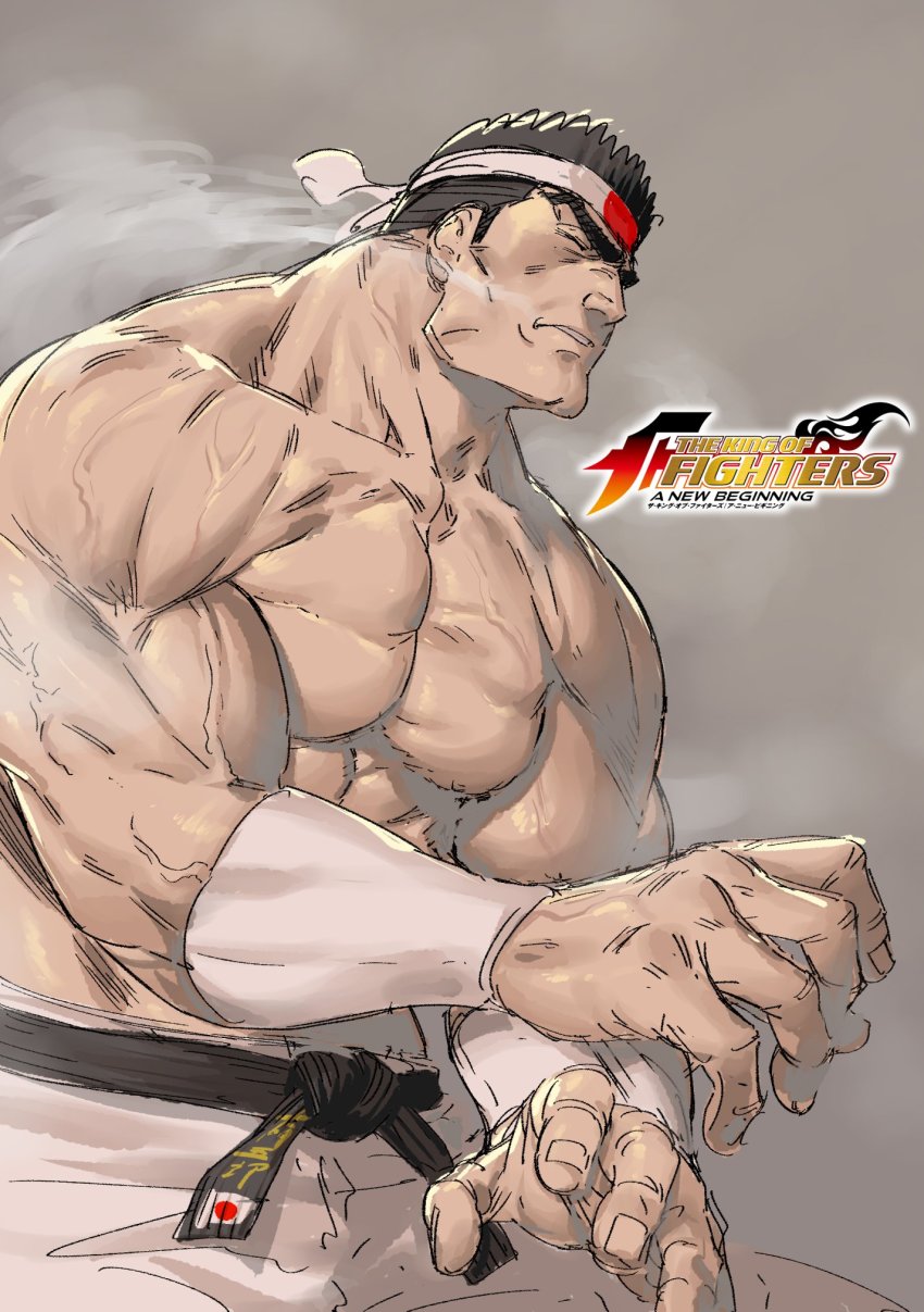 1boy azuma_kyoutarou_(artist) bare_arms bare_shoulders belt check_commentary closed_eyes commentary commentary_request daimon_gorou fighting_stance flexing hachimaki headband highres logo male_focus muscular official_art pectorals snk solo the_king_of_fighters the_king_of_fighters_xiv veins wristband