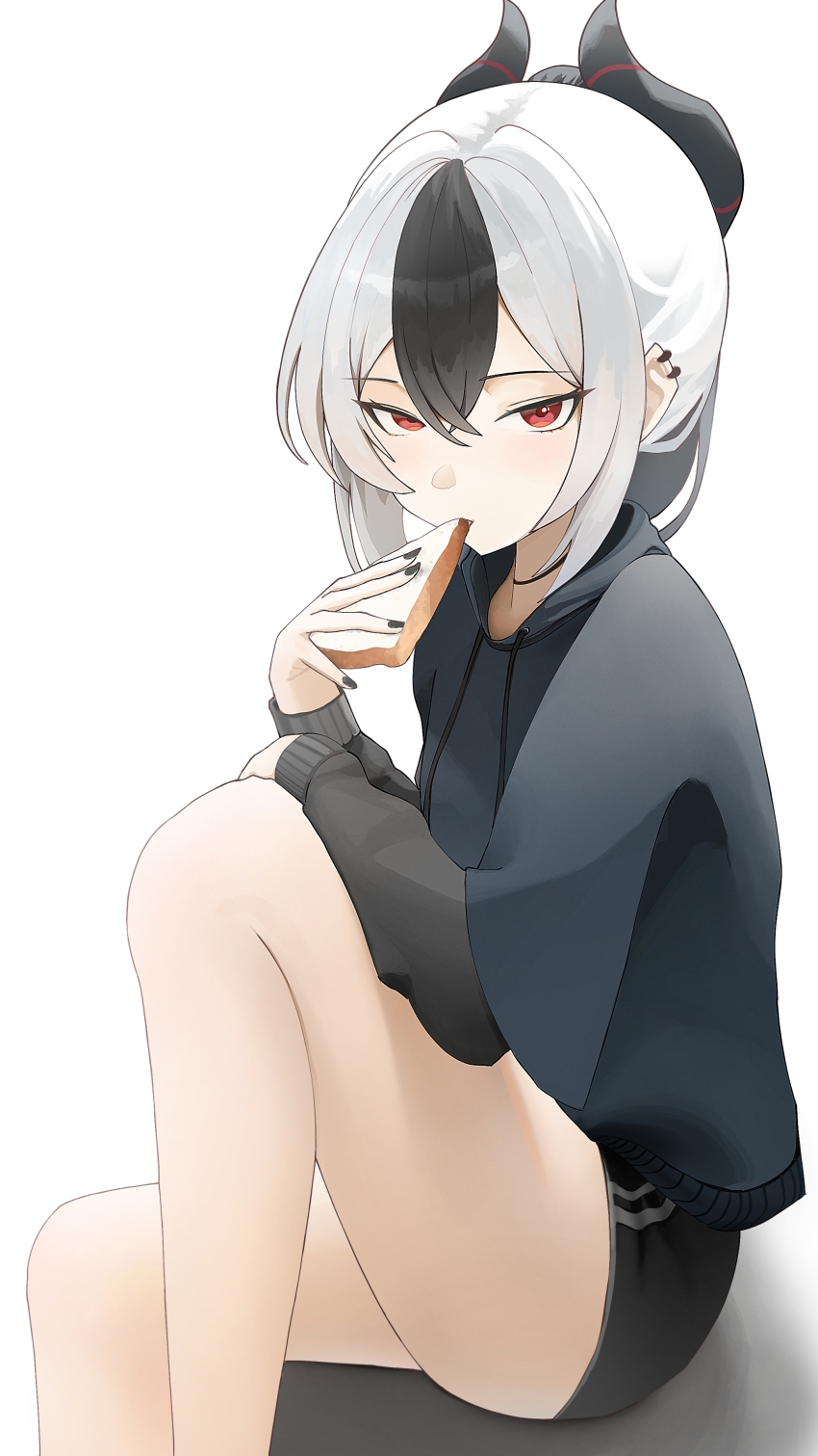 1girl absurdres black_hair black_horns black_nails black_shorts blue_archive blue_hoodie bread bread_slice commentary demon_horns ear_piercing eating food grey_hair grey_shirt hair_between_eyes highres holding holding_food hood hood_down hoodie horns kayoko_(blue_archive) leg_up looking_at_viewer multicolored_hair niel_(nielx3010) no_halo piercing ponytail red_eyes shirt short_shorts shorts sidelocks sitting solo two-tone_hair undershirt