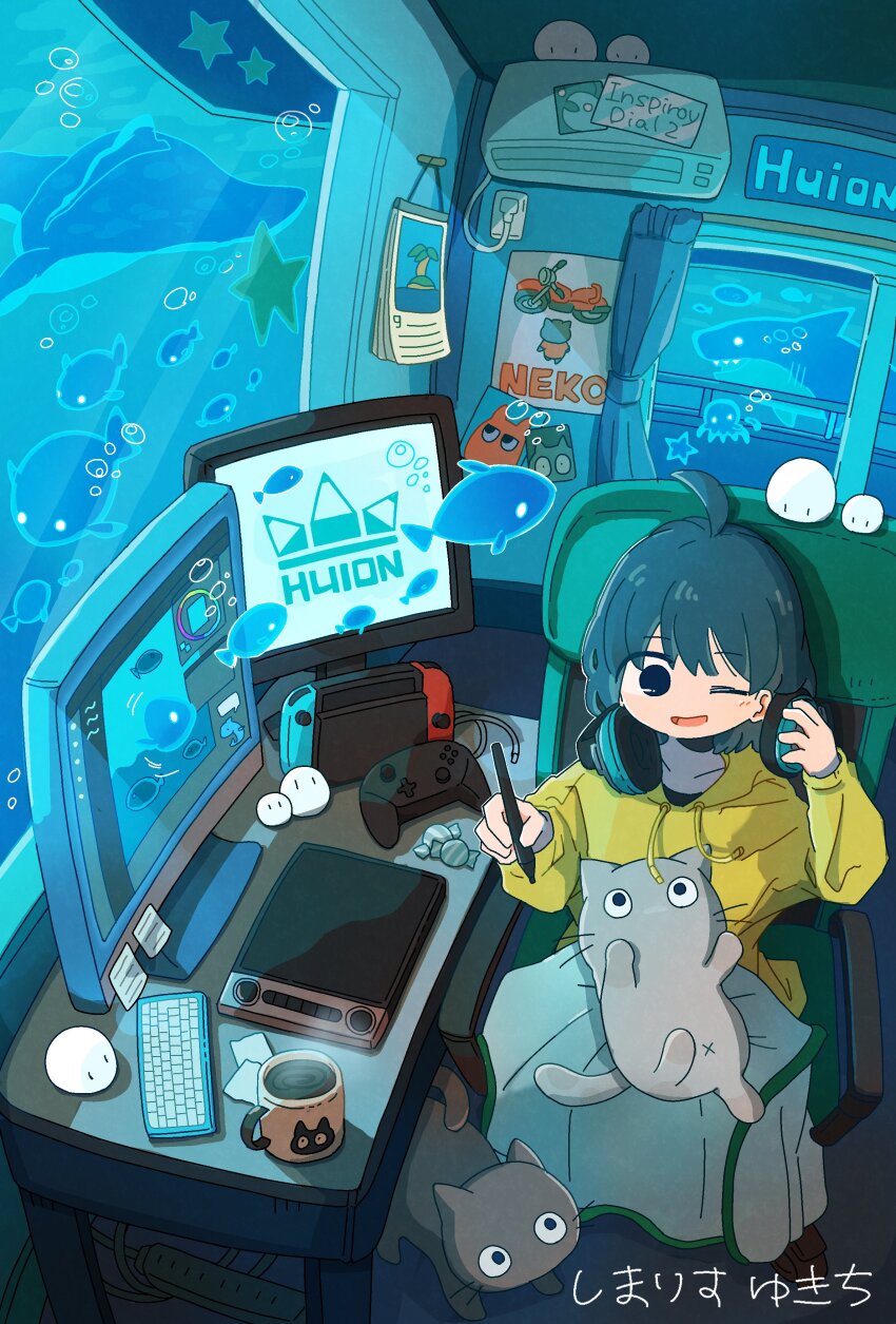 1girl absurdres ahoge black_eyes black_hair blanket blush cat collarbone drawing_tablet headphones headphones_around_neck highres holding holding_stylus hood hoodie indoors computer_keyboard monitor nintendo nintendo_switch nintendo_switch_pro_controller one_eye_closed open_mouth original shimarisu_yukichi short_hair smile solo stylus swivel_chair yellow_hoodie