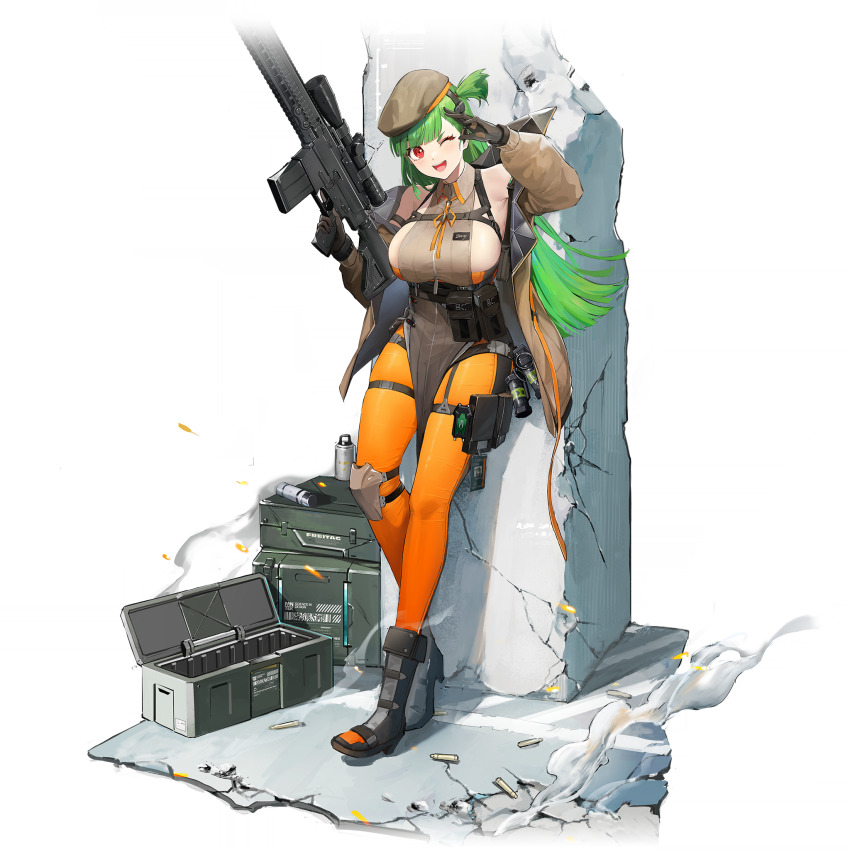 1girl ammunition_box artist_request battle_rifle belka_(girls&#039;_frontline_2) beret black_boots boots breasts brown_jacket bullet full_body g28_(girls&#039;_frontline) game_cg girls&#039;_frontline girls&#039;_frontline_2:_exilium gloves green_hair gun h&amp;k_g28 hat highres holding holding_gun holding_weapon jacket large_breasts leaning long_hair official_art one_eye_closed open_clothes open_jacket open_mouth red_eyes rifle salute scope shirt sleeveless sleeveless_shirt smoke solo standing teeth third-party_source transparent_background trigger_discipline upper_teeth_only weapon