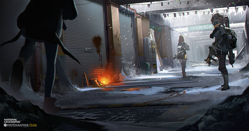 3girls absurdres blood blood_stain brown_hair day fire gun highres holding holding_gun holding_weapon kexue looking_at_another looking_away multiple_girls national_geographic original outdoors short_hair standing weapon