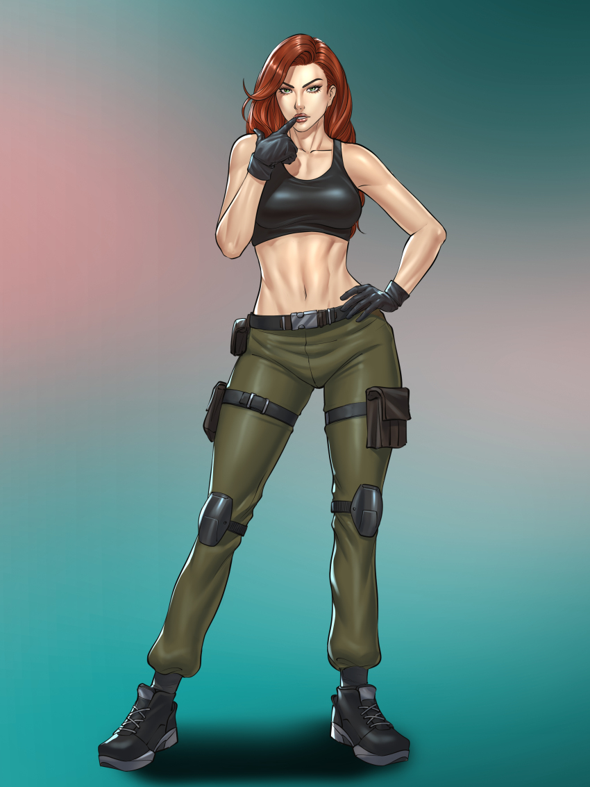 1girl absurdres belt black_belt black_gloves black_shirt breasts cargo_pants crop_top cropped_shirt gloves gradient_background green_eyes green_pants hand_on_own_hip highres invictarex kim_possible kim_possible_(series) large_breasts long_hair looking_at_viewer loose_pants orange_hair pants pocket shirt shoes sneakers solo