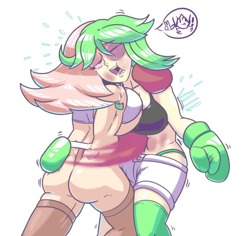 bikini boxer boxing boxing_gloves bruise bruise_on_face defeat domination drooling green_hair highres humiliation injury jobber mouth_drool netto-painter pink_hair punching ryona stomach_punch swimsuit swollen_eye thong thong_bikini