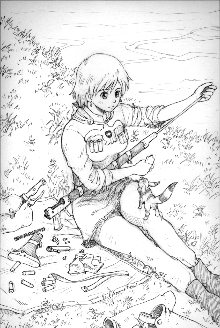 1girl absurdres ammunition boots cleaning_gun earrings greyscale gun highres holding holding_gun holding_weapon humi_(jun-shu) jewelry kaze_no_tani_no_nausicaa knife monochrome napkin nausicaa pants screw shirt short_hair sitting spring_(object) teto_(nausicaa) traditional_media weapon