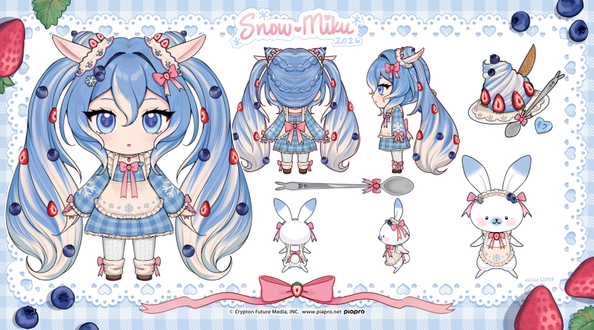 1girl animal_ears apron blue_dress blue_eyes blue_hair blueberry chibi chibi_only commentary dress food food-themed_hair frilled_apron frills from_behind from_side fruit gingham_dress hair_between_eyes hatsune_miku highres ice_cream leg_warmers long_hair long_sleeves looking_at_viewer multiple_views neck_ribbon parted_lips pink_ribbon rabbit_ears rabbit_yukine reference_sheet ribbon standing straight-on strawberry twintails very_long_hair vickie_(cryingrobot) vocaloid white_apron white_leg_warmers yuki_miku yuki_miku_(2026)_(applicant)