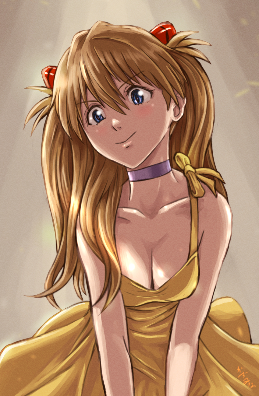 1girl :&gt; bare_shoulders blue_eyes breasts brown_hair cleavage dress highres kazumina long_hair medium_breasts neon_genesis_evangelion shiny_skin simple_background smile solo souryuu_asuka_langley sundress tsundere yellow_dress