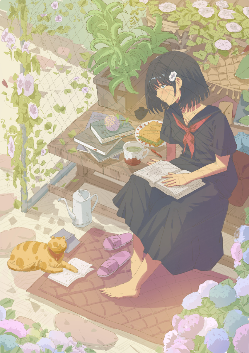 1girl absurdres barefoot black_hair black_serafuku black_shirt blue_eyes book book_stack cat day envelope fence flower flower_box food hair_flower hair_ornament highres mori_niyaoko morning_glory necktie open_book original outdoors pillow plant potted_plant red_necktie rug sandals unworn_sandals sandwich school_uniform serafuku shirt short_hair short_sleeves summer watering_can