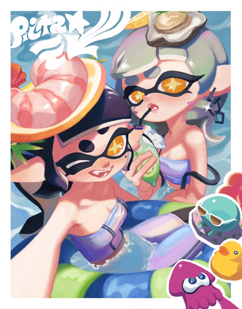 2girls afloat bare_shoulders black_hair black_pantyhose blunt_bangs border breasts callie_(splatoon) callie_(summer_nights)_(splatoon) chain chain_earrings chibi chibi_inset crop_top drink drink_bag drinking drinking_straw drinking_straw_in_mouth ear_piercing fangs food food_on_head fruit gradient_hair green_hair grey_hair highres holding holding_drink holographic_clothing inkling innertube jellyfish_(splatoon) ka1_(k4k37) lemon lemon_slice long_hair looking_at_viewer marie_(splatoon) marie_(summer_nights)_(splatoon) medium_hair midriff miniskirt mole mole_under_eye multicolored_hair multiple_girls nintendo no_lineart object_on_head official_alternate_costume official_alternate_hairstyle one_eye_closed open_mouth orange_eyes oyster pantyhose pencil_skirt piercing pink_hair pointy_ears pool purple_tube_top reaching reaching_towards_viewer revision selfie shrimp sidelocks skirt small_breasts splatoon_(series) splatoon_3 squid star-shaped_pupils star_(symbol) strapless suspenders suspenders_slip swim_ring symbol-shaped_pupils taking_picture tentacle_hair tube_top twintails white_border yellow_pupils zipper zipper_pull_tab zipper_skirt