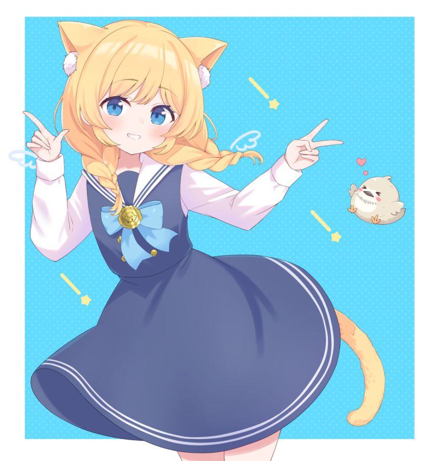 1girl animal_ear_fluff animal_ears arms_up baby_animal bird blonde_hair blue_background blue_bow blue_bowtie blue_dress blue_eyes border bow bowtie braid cat_ears cat_girl cat_tail chick commission cowboy_shot drawn_wings dress furutori highres looking_at_viewer low_twintails medium_hair original sailor_collar sailor_dress school_uniform shirt sidelocks simple_background skeb_commission smile solo tail teeth twin_braids twintails v white_border white_sailor_collar white_shirt